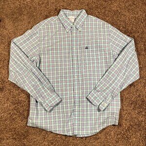 Brooks Brothers Shirt Mens Medium Large Button Up Teal Plaid 1818 Non Iron